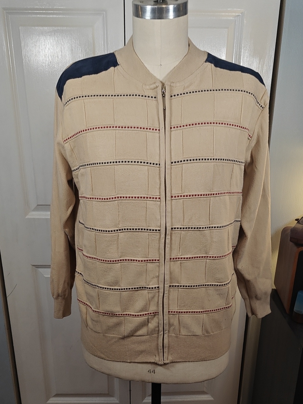 Beige Zip-Up Men's Sweater with Navy Shoulder Panels